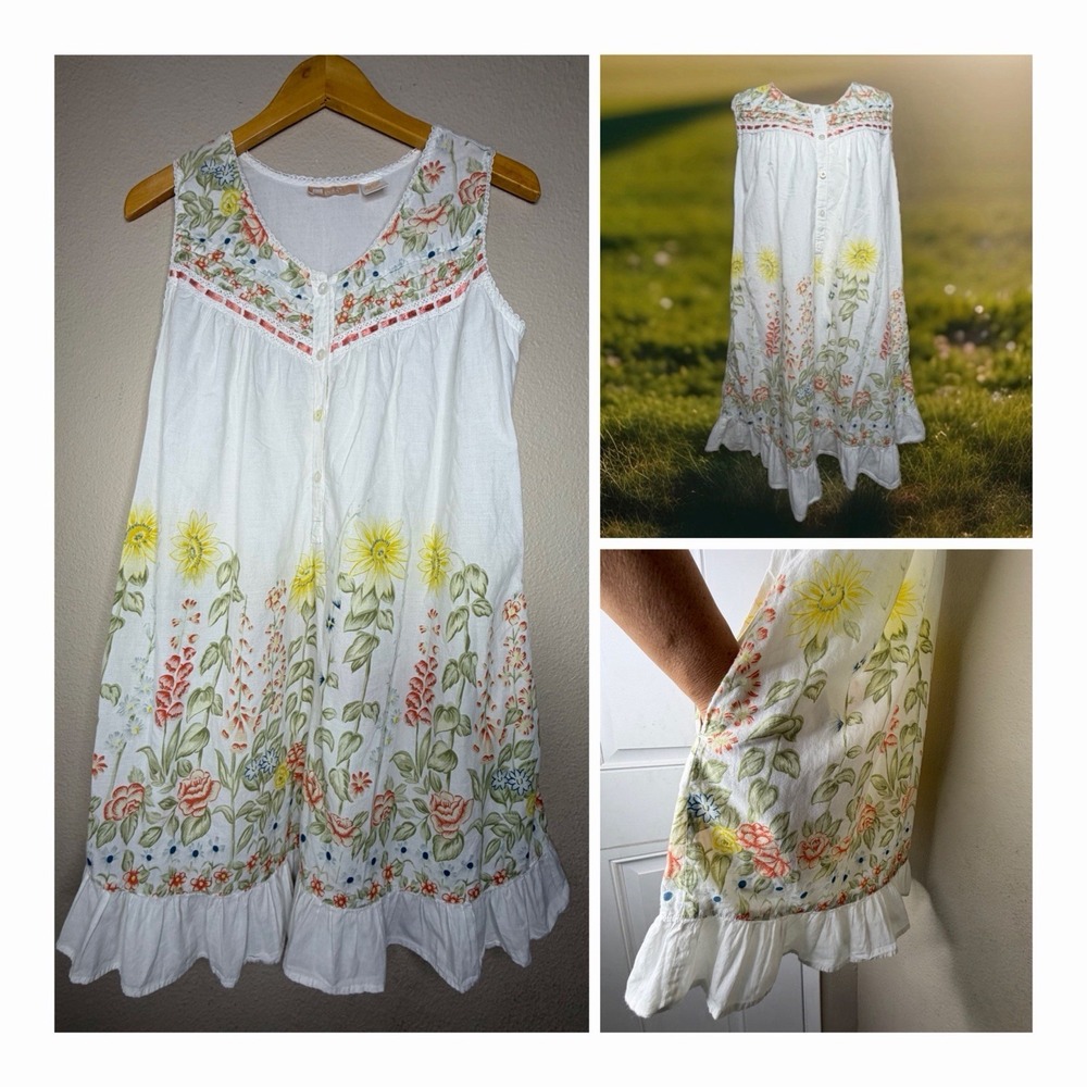 La Cera Cotton Sleep House Dress Small Oversized Floral Sunflower Cottagecore